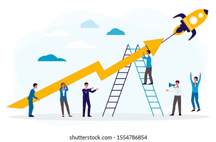 Business boost or successful startup concept with people characters and rocket, flat vector illustration isolated on white background. Company development and growth.