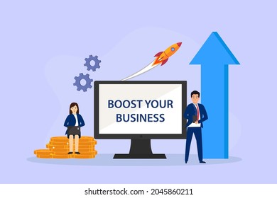Business boost vector concept: Business people working together to boost their business while using laptop