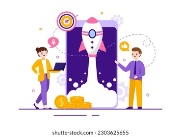 Business Boost Vector Illustration mit Digital Marketing Rocket Company Karriere Erfolg in der Entwicklung und Gewinn-Anstieg in handgezeichnete Vorlage

