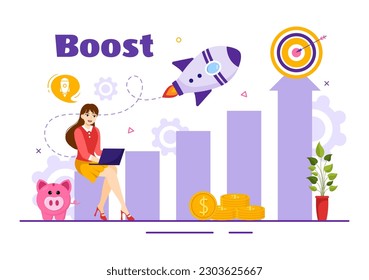 Business Boost Vector Illustration mit Digital Marketing Rocket Company Karriere Erfolg in der Entwicklung und Gewinn-Anstieg in handgezeichnete Vorlage
