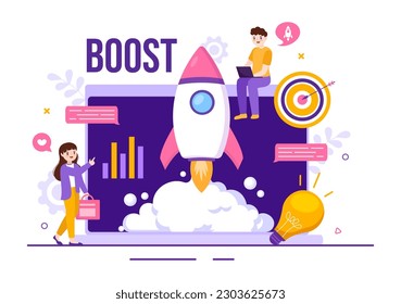 Business Boost Vector Illustration with Digital Marketing Rocket Company Career Success in Development and Profit Increase in Hand Drawn Template
