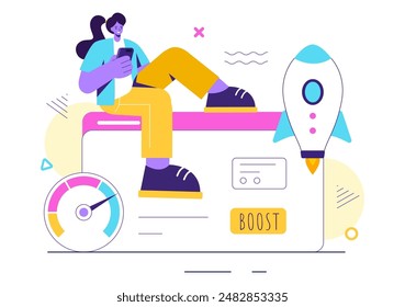 Business Boost Vector Illustration with a Digital Marketing Rocket, Company Career Success in Development and Profit Increase on a Flat Background