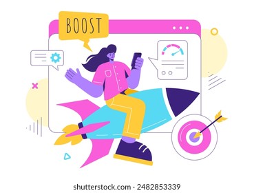 Business Boost Vector Illustration with a Digital Marketing Rocket, Company Career Success in Development and Profit Increase on a Flat Background