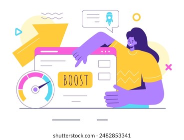 Aumentar la Ilustración vectorial con un cohete de marketing digital, el éxito de la carrera de la empresa en el desarrollo y el aumento de beneficios en un fondo plano