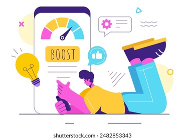 Aumentar la Ilustración vectorial con un cohete de marketing digital, el éxito de la carrera de la empresa en el desarrollo y el aumento de beneficios en un fondo plano
