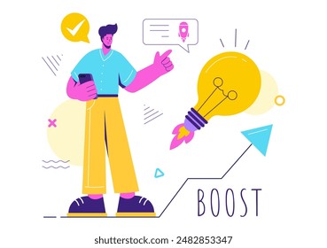 Aumentar la Ilustración vectorial con un cohete de marketing digital, el éxito de la carrera de la empresa en el desarrollo y el aumento de beneficios en un fondo plano