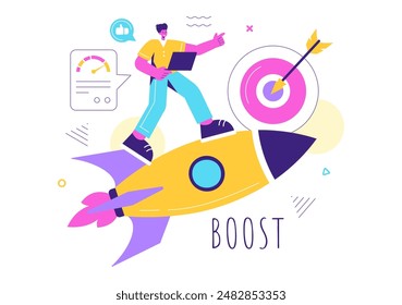 Business Boost Vector Illustration with a Digital Marketing Rocket, Company Career Success in Development and Profit Increase on a Flat Background