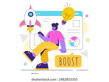 Business Boost Vector Illustration with a Digital Marketing Rocket, Company Career Success in Development and Profit Increase on a Flat Background