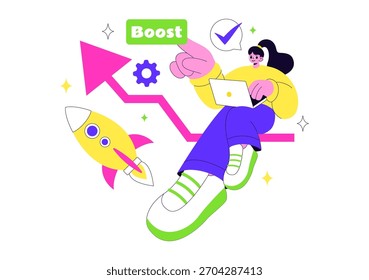 Impulse la Ilustración vectorial empresarial con un cohete de marketing digital, el éxito de la carrera de la empresa en el desarrollo y el aumento de beneficios en un fondo plano