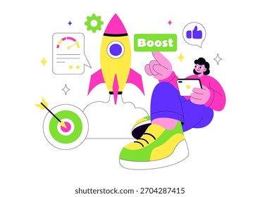 Impulse la Ilustración vectorial empresarial con un cohete de marketing digital, el éxito de la carrera de la empresa en el desarrollo y el aumento de beneficios en un fondo plano