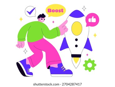 Impulse la Ilustración vectorial empresarial con un cohete de marketing digital, el éxito de la carrera de la empresa en el desarrollo y el aumento de beneficios en un fondo plano