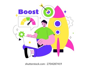 Impulse la Ilustración vectorial empresarial con un cohete de marketing digital, el éxito de la carrera de la empresa en el desarrollo y el aumento de beneficios en un fondo plano