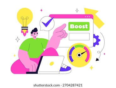 Impulse la Ilustración vectorial empresarial con un cohete de marketing digital, el éxito de la carrera de la empresa en el desarrollo y el aumento de beneficios en un fondo plano
