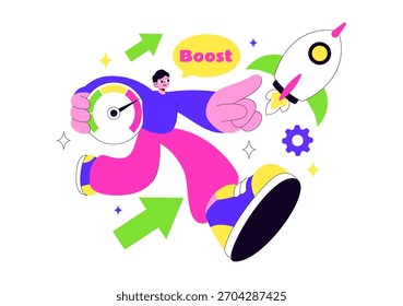 Impulse la Ilustración vectorial empresarial con un cohete de marketing digital, el éxito de la carrera de la empresa en el desarrollo y el aumento de beneficios en un fondo plano