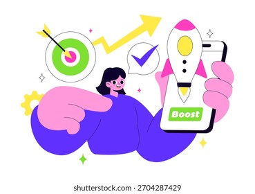Impulse la Ilustración vectorial empresarial con un cohete de marketing digital, el éxito de la carrera de la empresa en el desarrollo y el aumento de beneficios en un fondo plano
