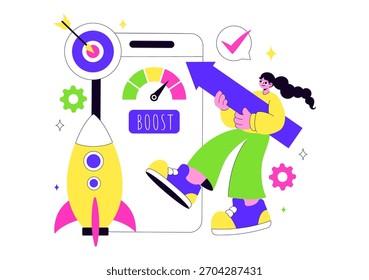 Impulse la Ilustración vectorial empresarial con un cohete de marketing digital, el éxito de la carrera de la empresa en el desarrollo y el aumento de beneficios en un fondo plano