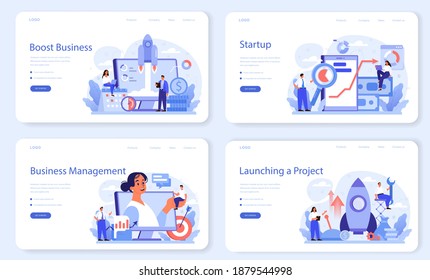 Business boost web banner or landing page set. Company and personal career success. Busines development and profit increase. Isolated flat vector illustration