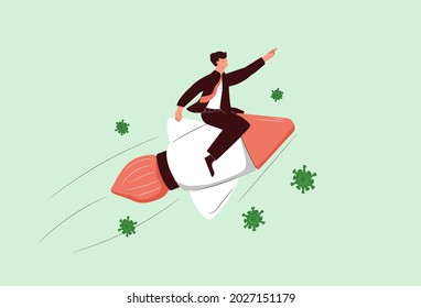 Business booster in economic crisis COVID-19 outbreak, start up company to win and survive in recession concept, confidence businessman leader business owner with rocket booster fly pass Coronavirus.