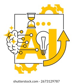 Business Boosting mit KI - Artificial Intelligence Technology. Geometrische Dekoration in dünner Linie und gelber Farbe. 