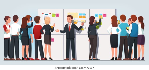 Business boss man explaining company strategy showing sticky notes diagrams on whiteboard to staff. Students people crowd listening to business coach on meeting. Flat vector character illustration