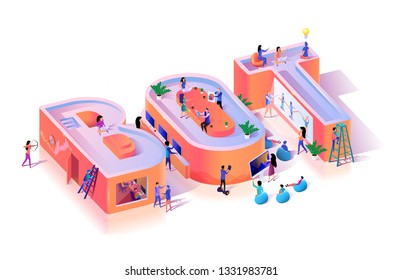 Business Bot Chat Service Letter Typography Banner. Chatbot Motivation Word for Artificial Intelligence Conversation Study. Mobile Virtual Messenger Development Isometric 3d Vector Illustration