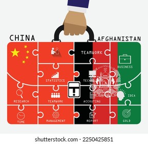 Business of both country China and Afghanistan. Hand businessman holding business bag, flags symbol on Jigsaw banner concept. EPS.file.