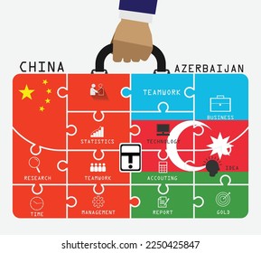 Business of both country China and Azerbaijan. Hand businessman holding business bag, flags symbol on Jigsaw banner concept. EPS.file.