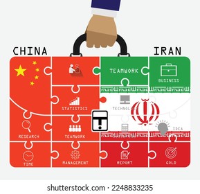 Business of both country China and Iran. Hand businessman holding business bag, flags symbol on Jigsaw banner concept. EPS.file.
