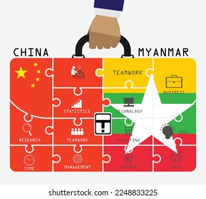 Business of both country China and Myanmar. Hand businessman holding business bag, flags symbol on Jigsaw banner concept. EPS.file.