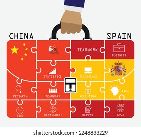 Business of both country China and Spain. Hand businessman holding business bag, flags symbol on Jigsaw banner concept. EPS.file.