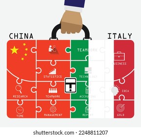Business of both country China and USA. Hand businessman holding business bag, flags symbol on Jigsaw banner concept. EPS.file.