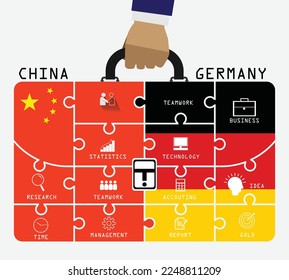 Business of both country China and USA. Hand businessman holding business bag, flags symbol on Jigsaw banner concept. EPS.file.