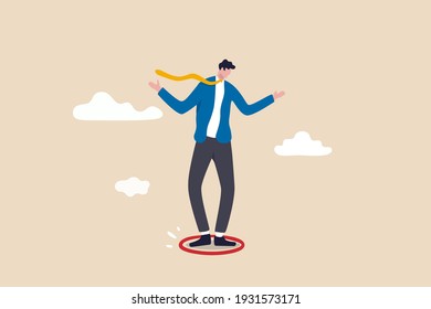 Business boundary, limitation or framing that prevent progress work, prohibited activity that limit business or career growth concept, frustrated businessman standing uncomfortably in small red circle