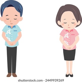 Business bowing illustration of man and woman vector Kariyushi 　 Aloha shirt 