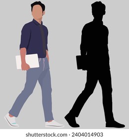 business boy going to office at laptop portrait and silhouette