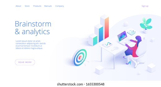 Business brainstorm or analysis isometric vector illustration. Data analytics for company marketing solutions or financial performance. Budget accounting web banner layout template.