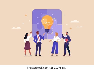 Business Brainstorm concept. Contemporary flat style abstract vector illustration of diverse people in business suits discussing a new idea in the form of a completed light bulb puzzle.