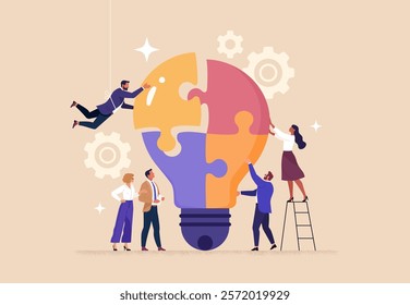 Business Brainstorm Concept. Contemporary flat style vector illustration of a group of diverse people in business suits putting together a light bulb puzzle. Isolated on background.