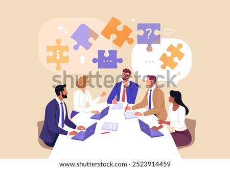 Business Brainstorm concept. Contemporary flat style abstract vector illustration of a group of diverse people at a desk discussing with puzzle pieces above their heads.