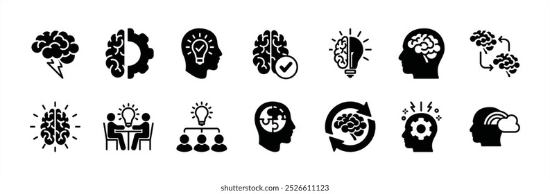 Business brainstorm flat icon set. Containing innovation, solution, light bulb, Inspiration, creative idea, creativity, meeting, sharing, imagination, mind, thinking, cognition. Vector illustration