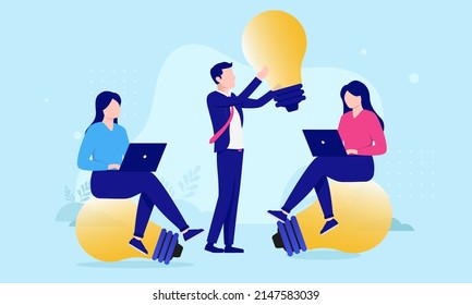 Business brainstorm - Group of people, man and women working on ideas and innovation. Flat design vector illustration with blue background
