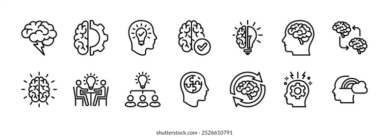 Business brainstorm thin line icon vector set. Containing light bulb, innovation, solution, Inspiration, creative idea, creativity, meeting, sharing, imagination, mind, thinking, cognition