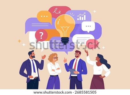 Business Brainstorming Concept. Vector illustration of a business team discussing ideas with speech bubbles and a glowing light bulb symbolizing creativity, innovation, teamwork, and problem-solving.