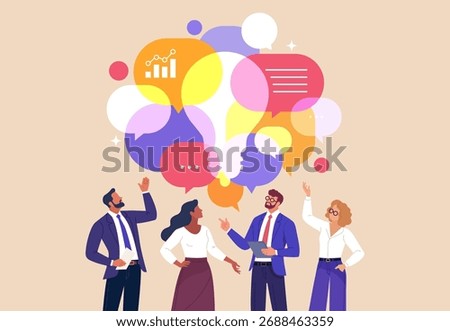 Business Brainstorming Concept. Vector illustration of a business team discussing ideas with speech bubbles and a light bulb silhouette symbolizing innovation, teamwork, and problem-solving.
