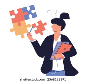 Business brainstorming. Cute business characters. Thick outline style design. Strategic planning, plan to overcome difficulty or obstacle to reach goal or target, team brainstorm or analysis