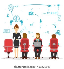 Business brainstorming design with teamwork of several people and sketch of possible solutions vector illustration