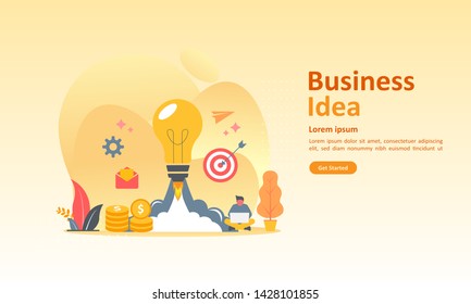 Business brainstorming, idea concept for teamwork with big yellow light bulb lamp, Suitable for web landing page, ui, mobile app, banner template. Vector Illustration
