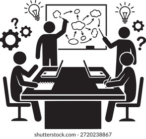 Business Brainstorming und Idee Generation Vektorsymbol. Team diskutiert Strategie mit Glühbirne, Ausrüstung und Fragezeichen Symbole auf einem Whiteboard. Innovationskonzept.
