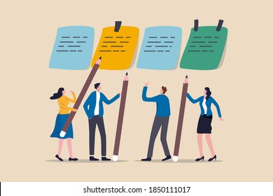 Business brainstorming, meeting to set target and get solution to solve problem or scrum agile method concept, businessman and woman coworkers, colleagues holding pencil with sticky notes on the wall.