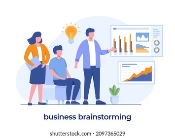 intercambio de ideas y presentación de empresas, trabajo en equipo, discusión, finanzas, plantilla de ilustración plana